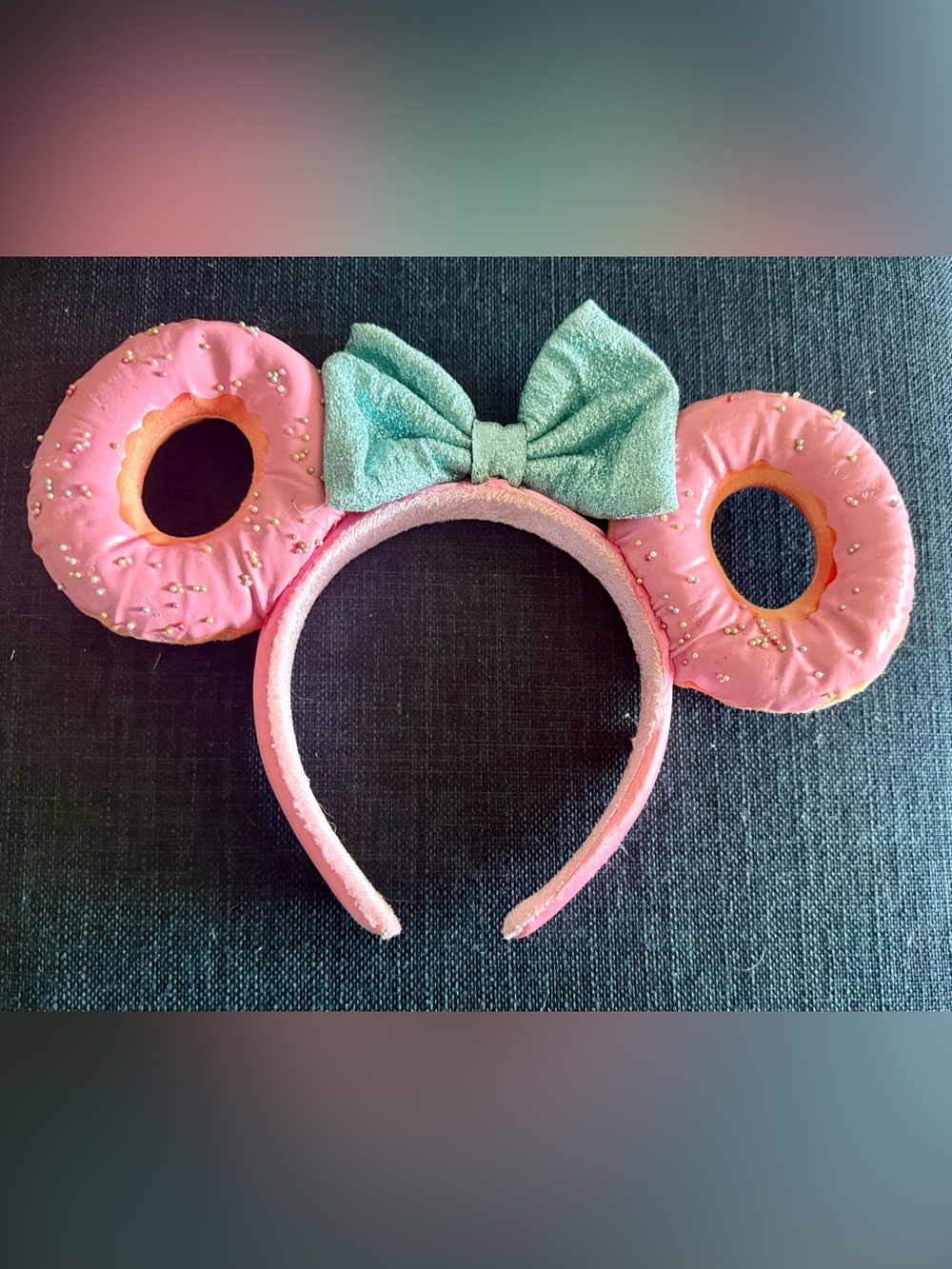 Disney Pink Donut Minnie Ears Headband with Mint Green Bow